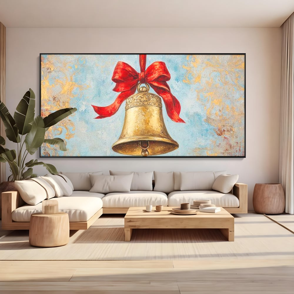 Tablou canvas cu pictura cu un clopot auriu si funda rosie, in rama de aluminiu negru, pe perete intr-un living